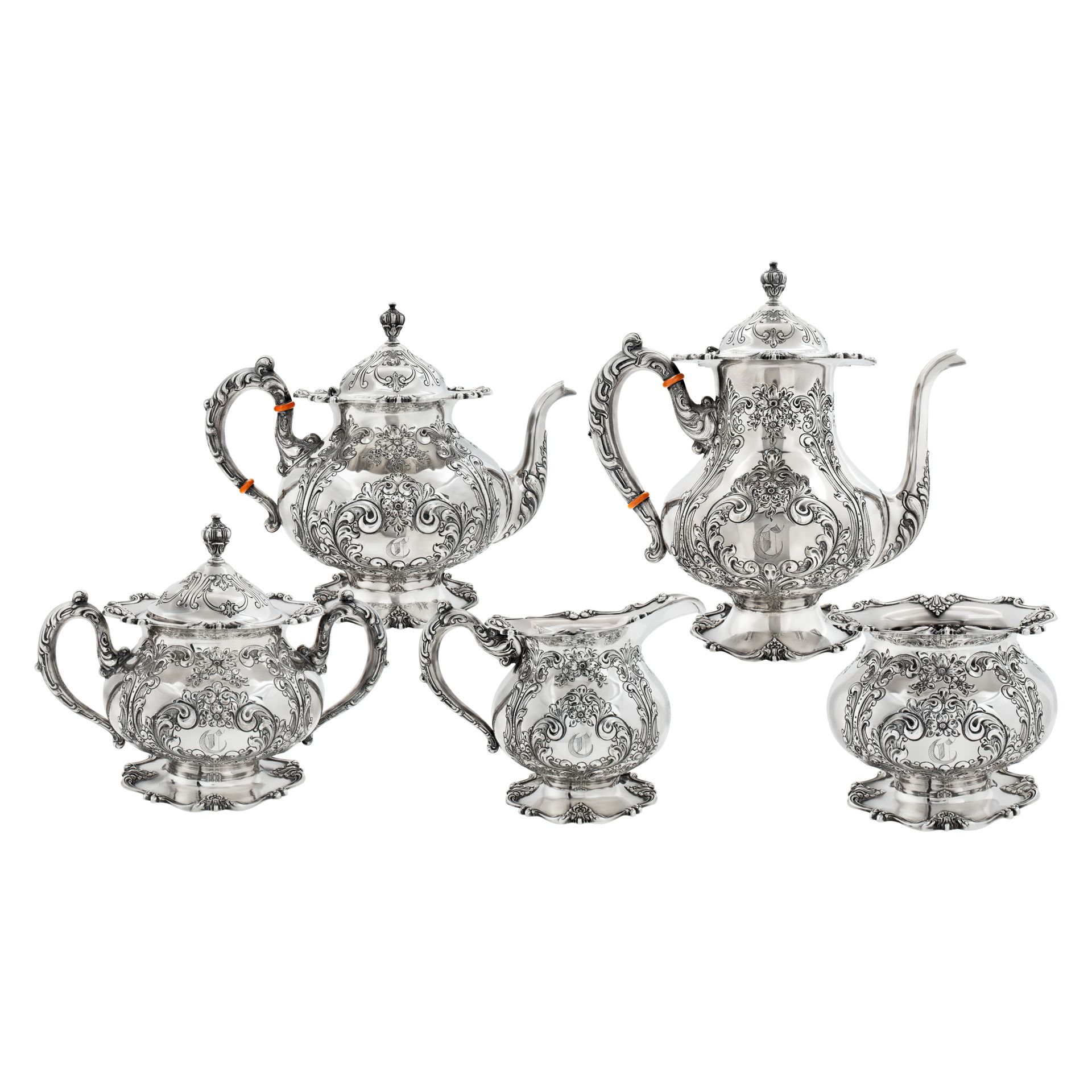 Frank M. Whiting 5 pieces hand chased heavy sterling silver tea