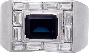 Gents ring with 1.5 cts in baguette diamonds with center deep blue sapphire