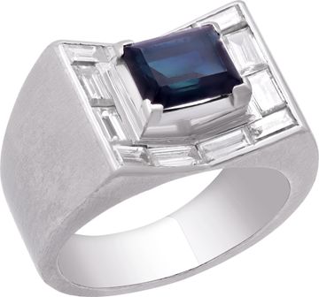 Gents ring with 1.5 cts in baguette diamonds with center deep blue sapphire