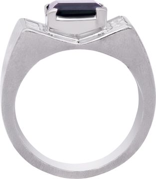 Gents ring with 1.5 cts in baguette diamonds with center deep blue sapphire