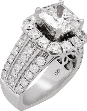 GIA Certified 3.02 carat cushion cut diamond ring in 18k white gold.