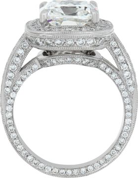 GIA certified Cushion Cut 5.17ct. G - SI2.   Halo ring 18k white gold. Size 7