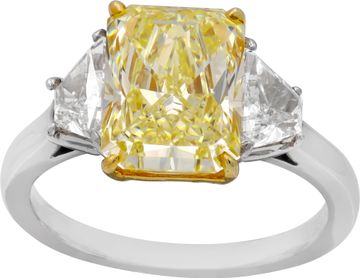 GIA certified cut-cornered rectangular brilliant 4.88 carat Fancy Yellow Natural Even Ring Collection