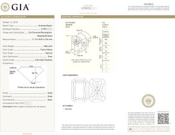 GIA certified cut-cornered rectangular brilliant 4.88 carat Fancy Yellow Natural Even