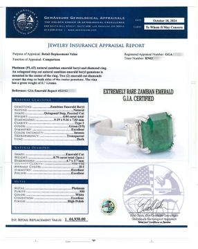GIA Certified Emerald and diamond ring in platinum. 4.04 carat emerald with 0.79 cts in side diamonds.