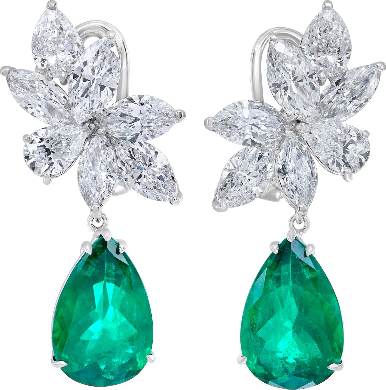 GIA Pear Marquise diamond eaqrrings w/ Columbian natural