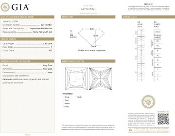 GIA certified square modified brilliant cut 2.63 carat (F color, VS2 clarity) ring