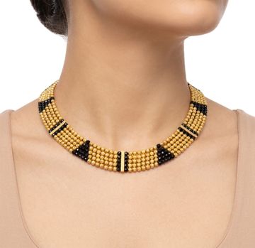 Gold bead and onyx bead five strand necklace