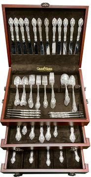 Gorham Melrose sterling silver Flatware set. 6 piece place setting for 12 plus 8 ice tea spoons and 7 serving pieces