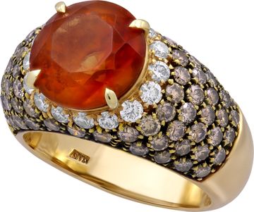Imperial Orange Topaz ring in 18k yellow gold with white and champagne diamonds