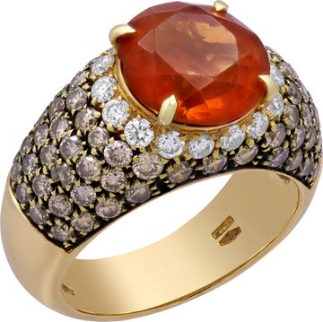 Imperial Orange Topaz ring in 18k yellow gold with white and champagne diamonds