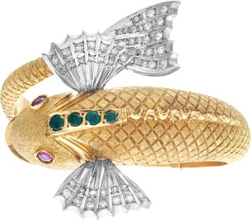Koi Fish bangle in 18k yellow gold with 1 carat in diamonds. Bracelet Collection