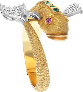 Koi Fish bangle in 18k yellow gold with 1 carat in diamonds.