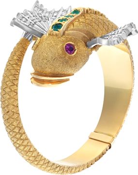 Koi Fish bangle in 18k yellow gold with 1 carat in diamonds.