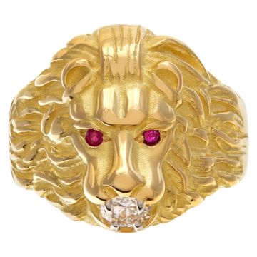 Lion of Judah ring with Platinum Teeth Holding GIA 0.52 Carat Diamond Ruby Eyes Set In 18k
