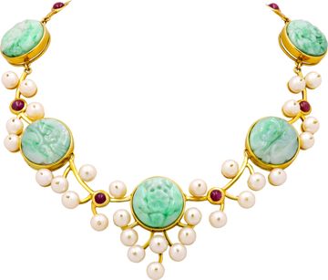 Luisa Di Gresy Collar Necklace With Matching Earrings With Carved Green Jades In 18k Yellow Gold