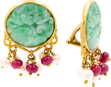 Luisa Di Gresy Collar Necklace With Matching Earrings With Carved Green Jades In 18k Yellow Gold