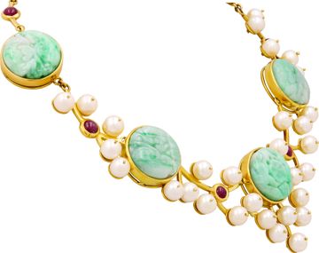 Luisa Di Gresy Collar Necklace With Matching Earrings With Carved Green Jades In 18k Yellow Gold