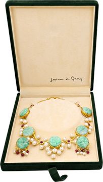 Luisa Di Gresy Collar Necklace With Matching Earrings With Carved Green Jades In 18k Yellow Gold