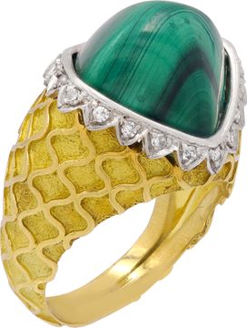Malachite and Diamond Ring in 18k White and Yellow gold