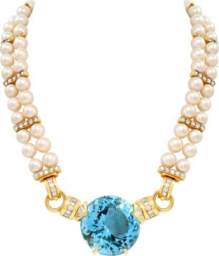 "Martha Rocha" Aquamarine and Diamond Necklace with Double Pearl Strand in 18K Yellow Gold