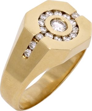 Men's Diamond Ring in 14k yellow gold featuring a center stone