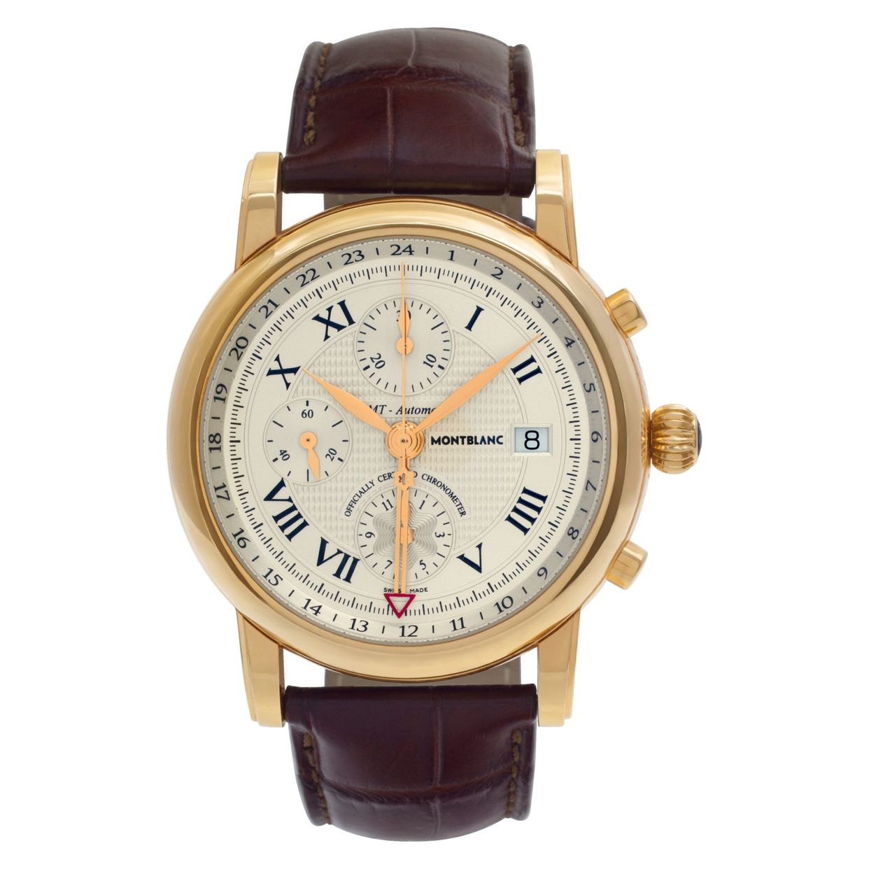 Pre-owned MontBlanc Star GMT 102345 18k Yellow Gold Cream