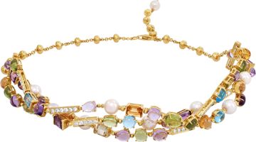 Multi-Color Gemstones, Diamond and Pearl Chocker Necklace in 18k yellow gold