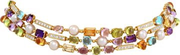Multi-Color Gemstones, Diamond and Pearl Chocker Necklace in 18k yellow gold