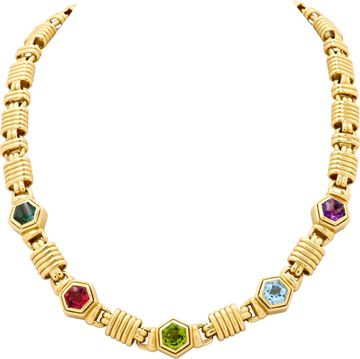 Multi-Colored Gemstone Hexagonal Necklace in 18K Yellow Gold Multi-Colored Gemstone Hexagonal Necklace in 18K Yellow Gold Necklace Collection
