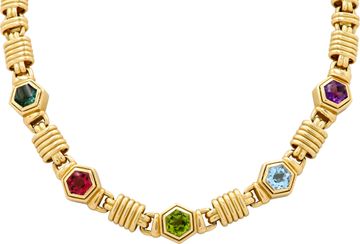 Multi-Colored Gemstone Hexagonal Necklace in 18K Yellow Gold