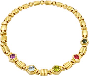 Multi-Colored Gemstone Hexagonal Necklace in 18K Yellow Gold