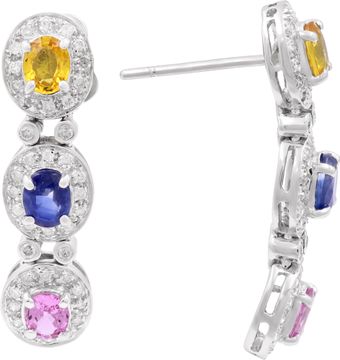 Multi-colored sapphire and diamond drop earrings in 14k white gold