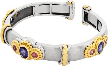 Multi gemstone bangle in stainless steel and 18k yellow gold
