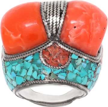 Native American coral and turqoise ring in silver Ring Collection