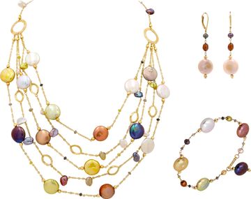 Necklace, Earrings, and Bracelet in 18k with multicolor pearls