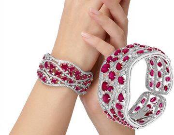 NEW Diamond and Burma Heated Ruby Cuff in 18k white gold Bracelet Collection