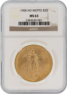 NGC graded and authenticated MS63 1908 $20 U.S. Saint-Gaudens Double Eagle gold coin NGC graded and authenticated MS63 1908 $20 U.S. Saint-Gaudens Double Eagle gold coin Jewelry Collection