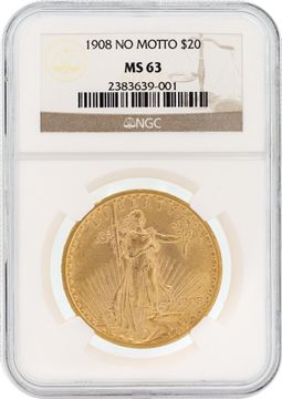 NGC graded and authenticated MS63 1908 $20 U.S. Saint-Gaudens Double Eagle gold coin Jewelry Collection