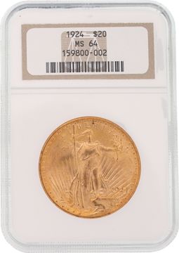 NGC graded and authenticated MS64 1924 $20 U.S. Saint-Gaudens Double Eagle gold coin Jewelry Collection