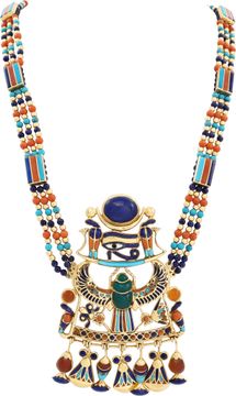 One of a kind vintage Egyptian Revival "Eye of Horus" symbol necklace in 18k yellow gold with enamel and semi-precious cabochon & beads.stones One of a kind vintage Egyptian Revival "Eye of Horus" symbol necklace in 18k yellow gold with enamel and semi-precious cabochon & beads.stones Necklace Collection
