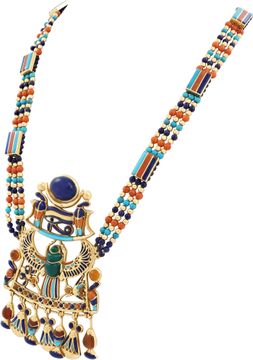 One of a kind vintage Egyptian Revival "Eye of Horus" symbol necklace in 18k yellow gold with enamel and semi-precious cabochon & beads.stones
