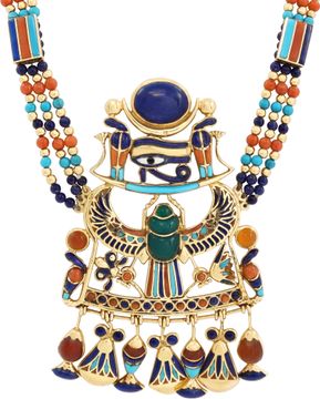 One of a kind vintage Egyptian Revival "Eye of Horus" symbol necklace in 18k yellow gold with enamel and semi-precious cabochon & beads.stones