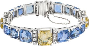 Oscar Heyman emerald cut and hexagonal fancy cut yellow and blue sapphire and round diamonds bracelet set in Platinum Oscar Heyman emerald cut and hexagonal fancy cut yellow and blue sapphire and round diamonds bracelet set in Platinum