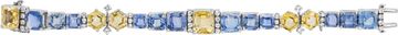 Oscar Heyman emerald cut and hexagonal fancy cut yellow and blue sapphire and round diamonds bracelet set in Platinum