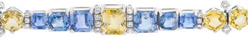 Oscar Heyman emerald cut and hexagonal fancy cut yellow and blue sapphire and round diamonds bracelet set in Platinum