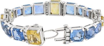 Oscar Heyman emerald cut and hexagonal fancy cut yellow and blue sapphire and round diamonds bracelet set in Platinum