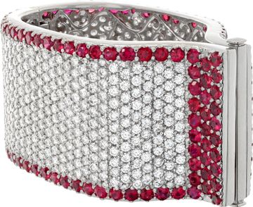59 carats round brilliant diamonds & 40 carats round rubies cuff bangle bracelet