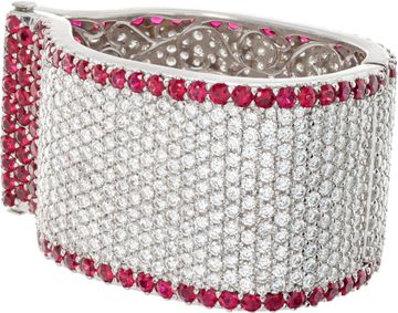 59 carats round brilliant diamonds & 40 carats round rubies cuff bangle bracelet