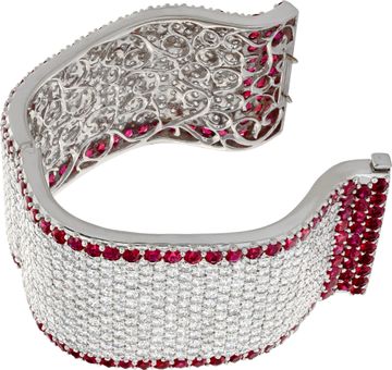 59 carats round brilliant diamonds & 40 carats round rubies cuff bangle bracelet